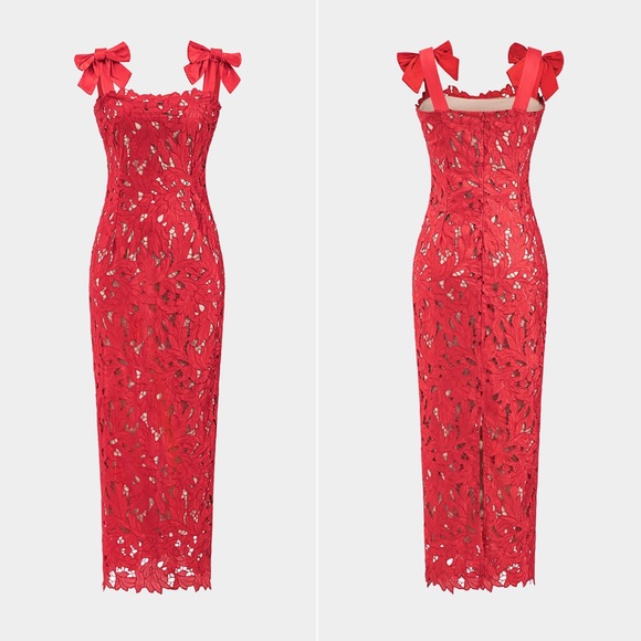 NWT | Micas | Bow Embroidery Cut Out Zipper Slit Slip Maxi Dress | Sz M - Picture 2 of 10